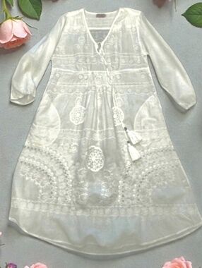 Ruby Yaya Sundance White Maxi Dress Eyelets Lace Tassels Large